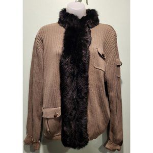 Jamie Sadock Cardigan Sweater Gray Black Faux Fur Trim Size M